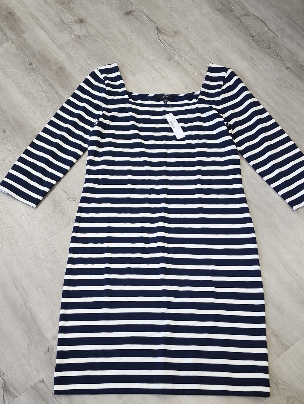 J. Crew Navy and White Striped Square-Neck Long Sleeve Dress